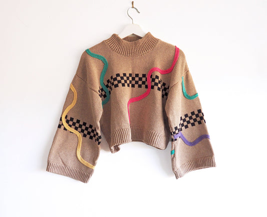 Cream Squiggle Checkerboard Jumper