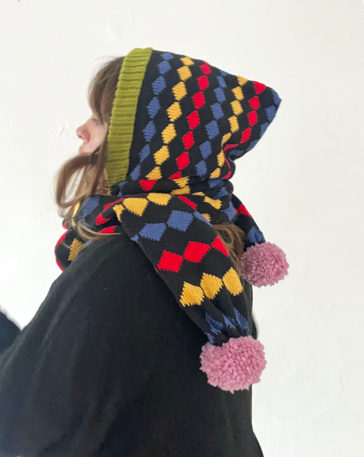 Harlequin Pom Hooded Scarf